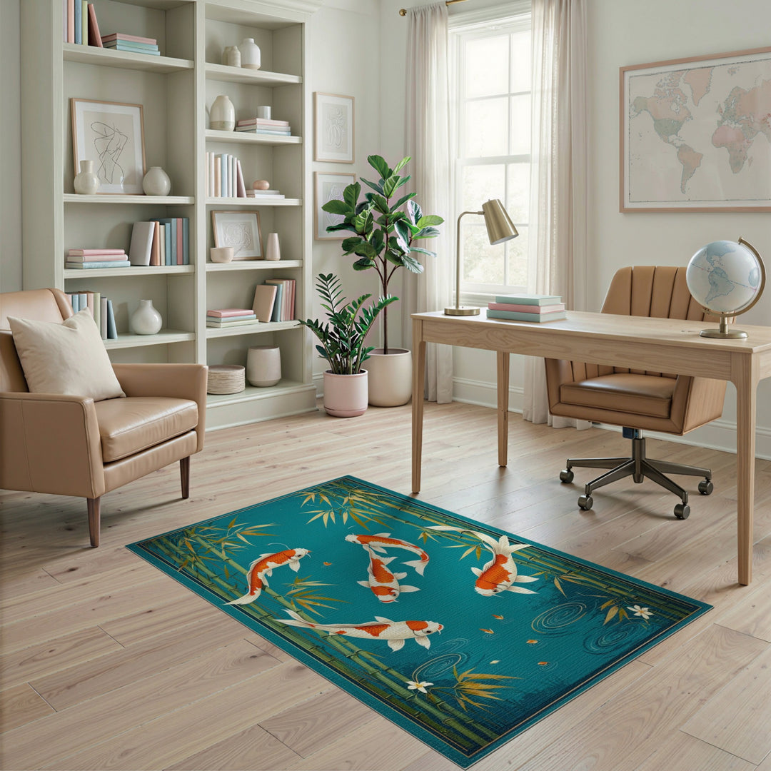 Teal Koi Fish Bamboo Pond Area Rug