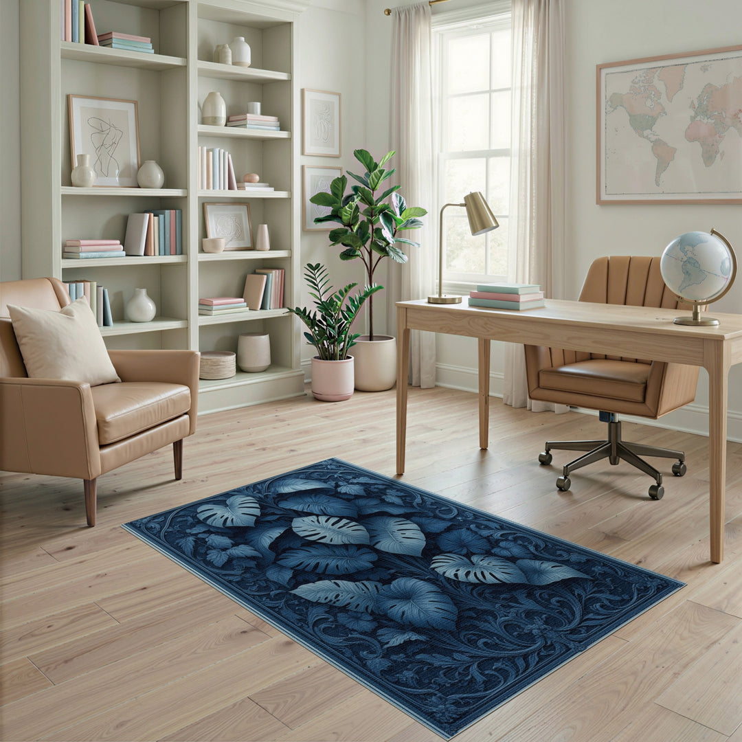 Blue Monstera Leaf Floral Vintage Area Rug