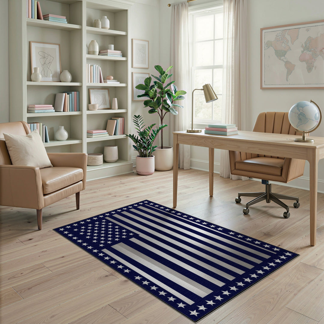 Navy Silver Stripe Flag Area Rug