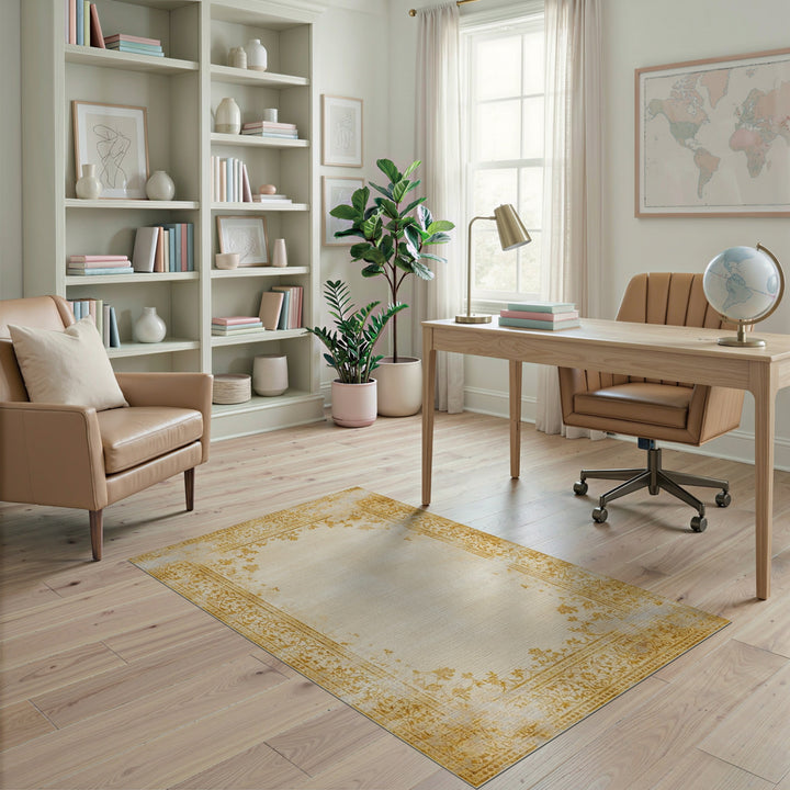 Beige and Neutral Beige Distressed Vintage Floral Area Rug