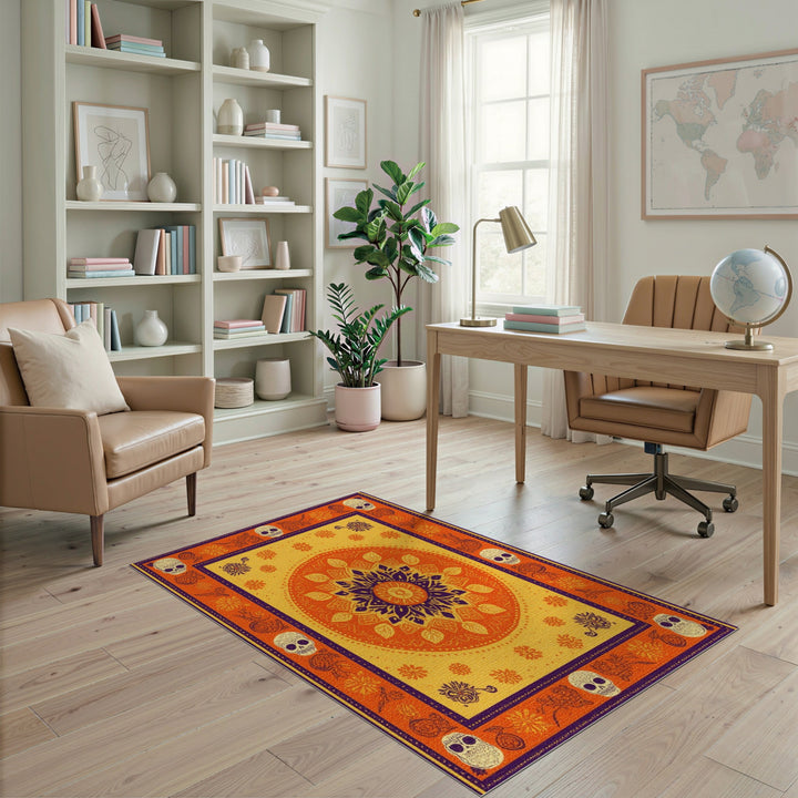 Vibrant Orange Mandala Skull Boho Rug
