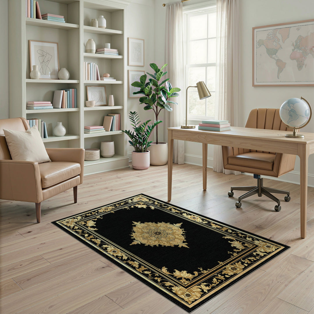 Gold Floral Medallion Black Area Rug