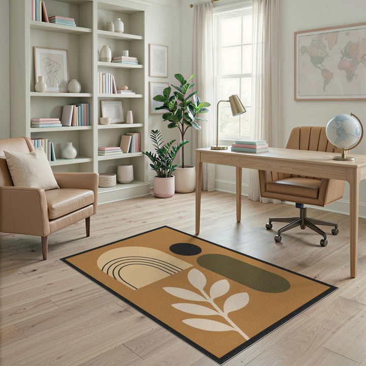 Abstract Brown Geometric Area Rug with Leaf