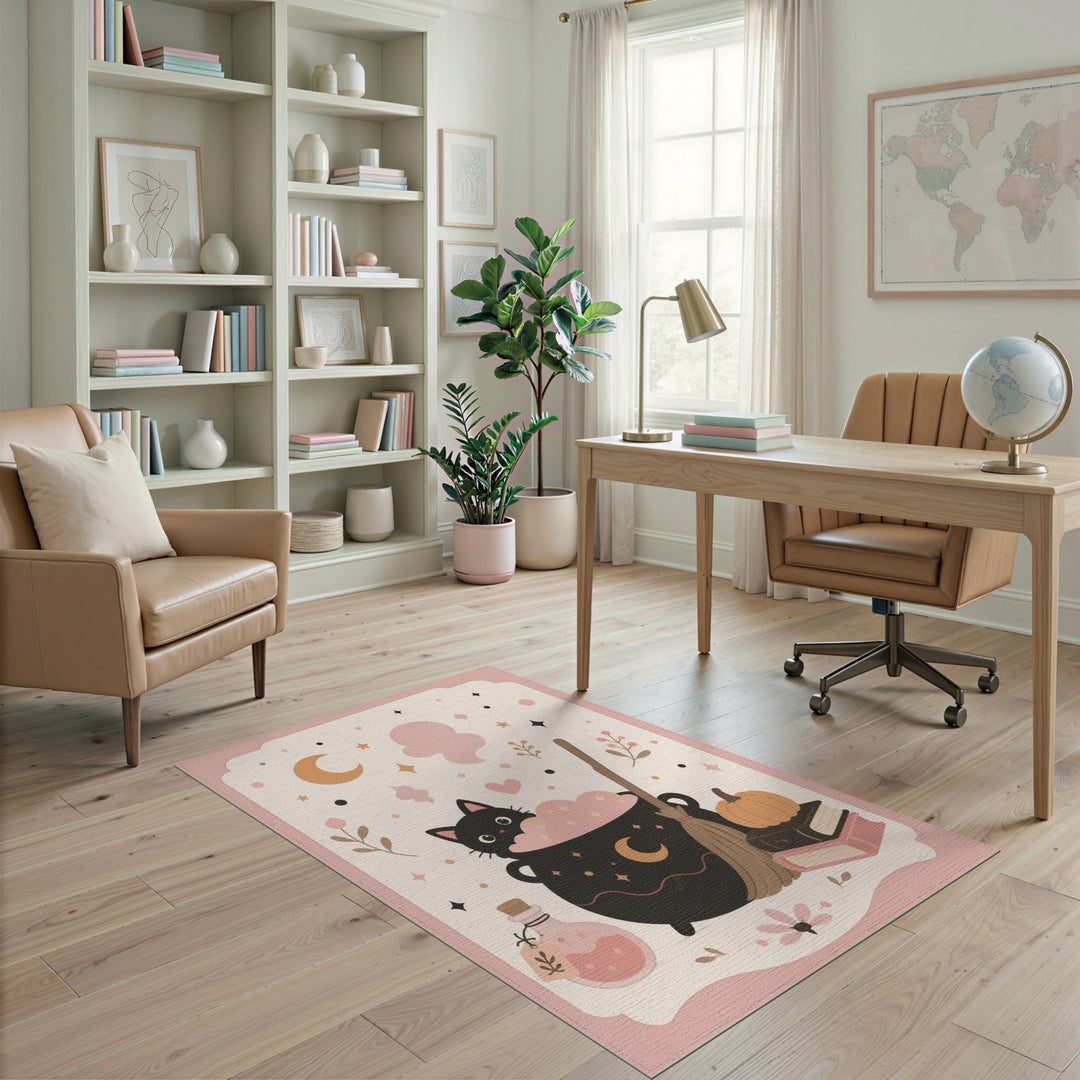 Pink Witch Cat Cauldron Kids Area Rug
