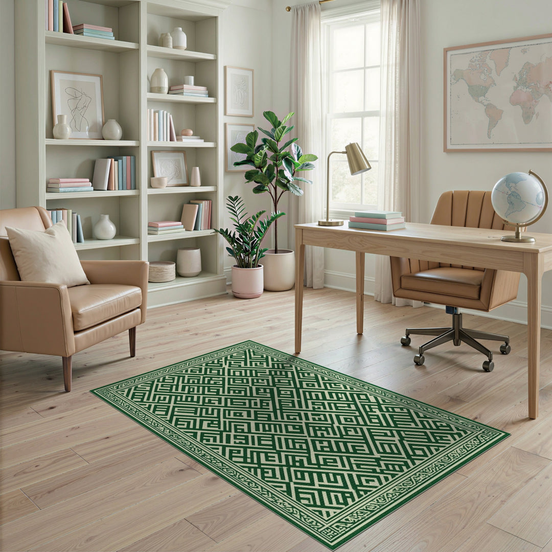 Green Geometric Maze Green Area Rug