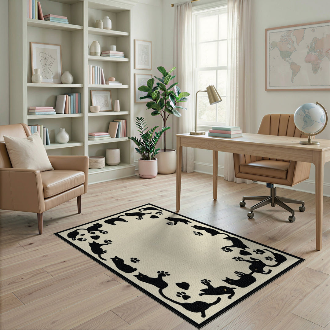 Black Cat Paw Print Washable Area Rug