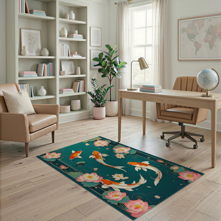 Teal Koi Lotus Washable Area Rug