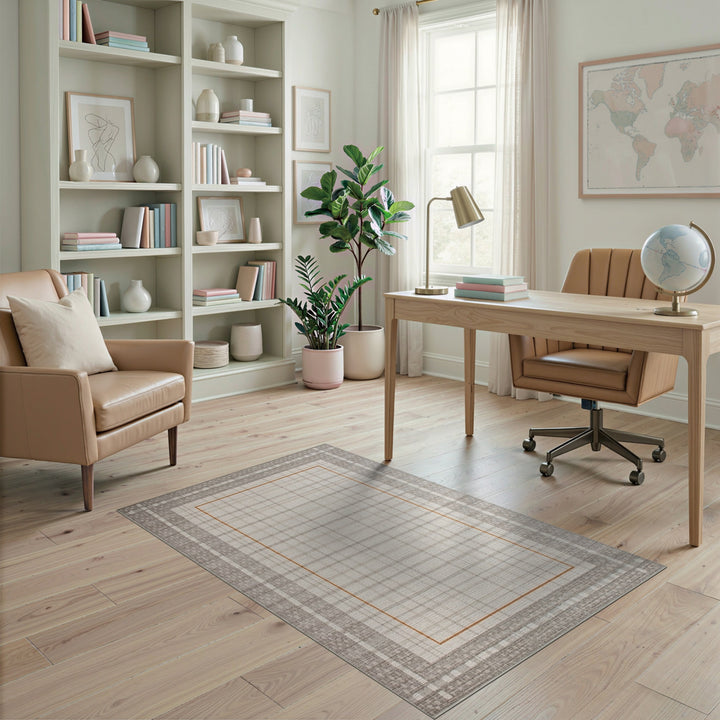 Neutral Grid Plaid Area Rug with Orange Border