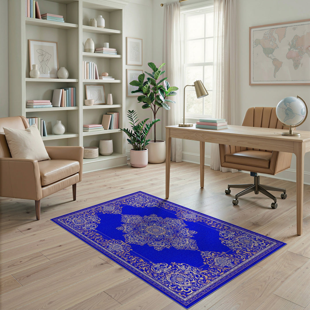 Blue and Teal Blue Gold Traditional Persian Area Rug