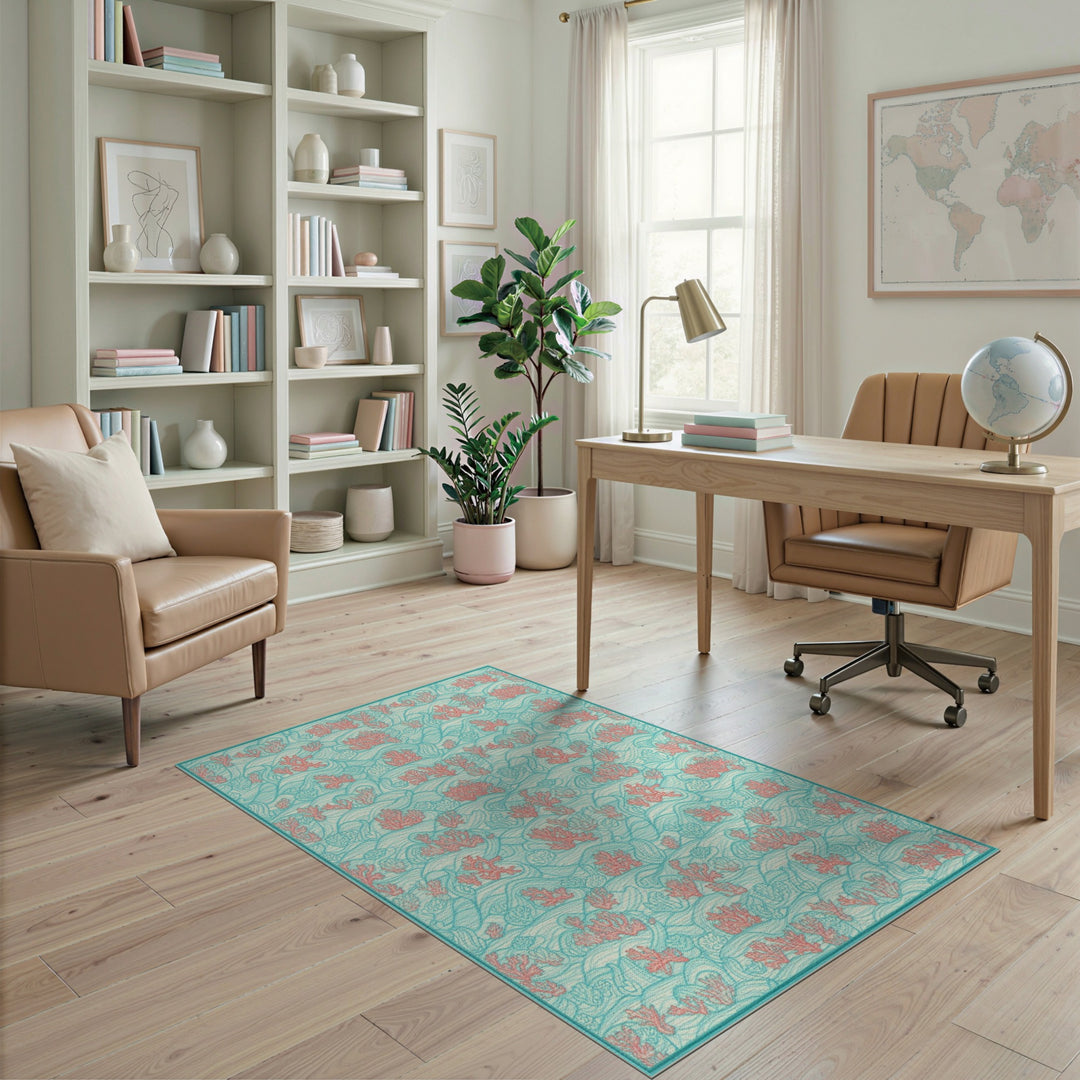 Teal Coral Wave Washable Area Rug