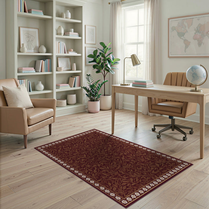 Brown Floral Vintage Area Rug with Daisy Border