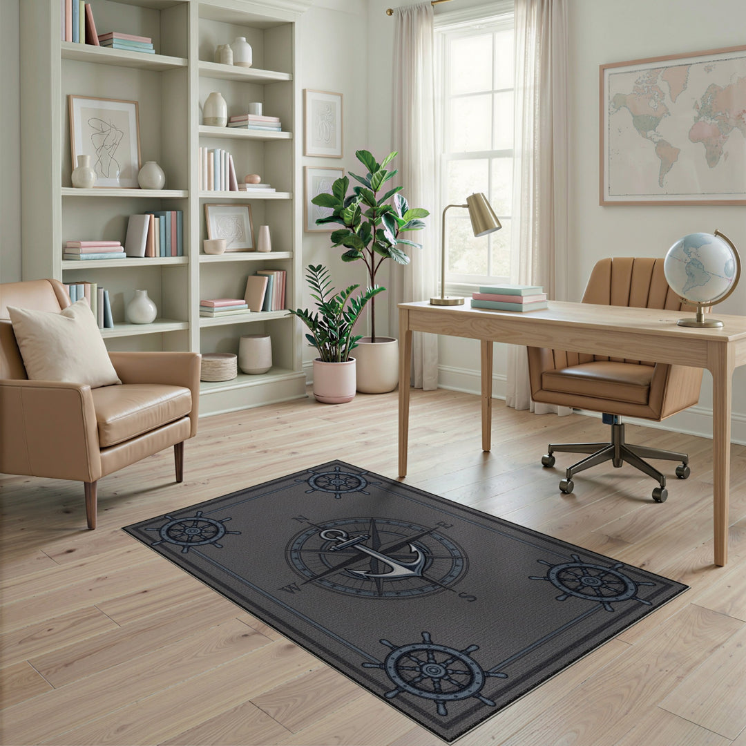 Grey Nautical Anchor Compass Area Rug
