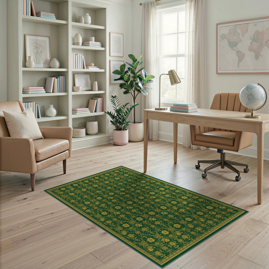 Green Gold Floral Vintage Green Area Rug