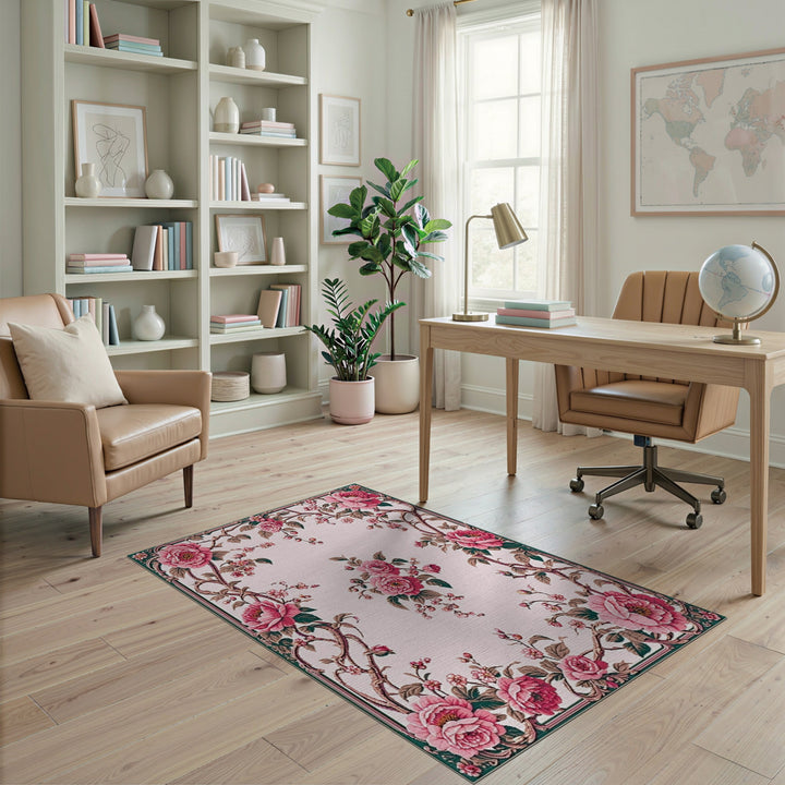 Pink Rose Floral Vintage Washable Area Rug