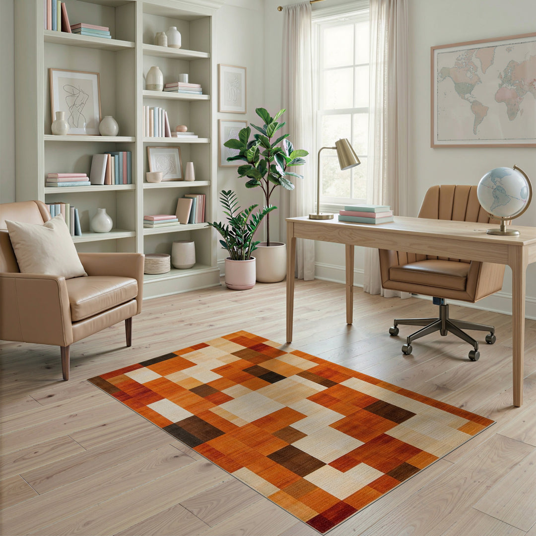 Warm Orange Geometric Block Area Rug
