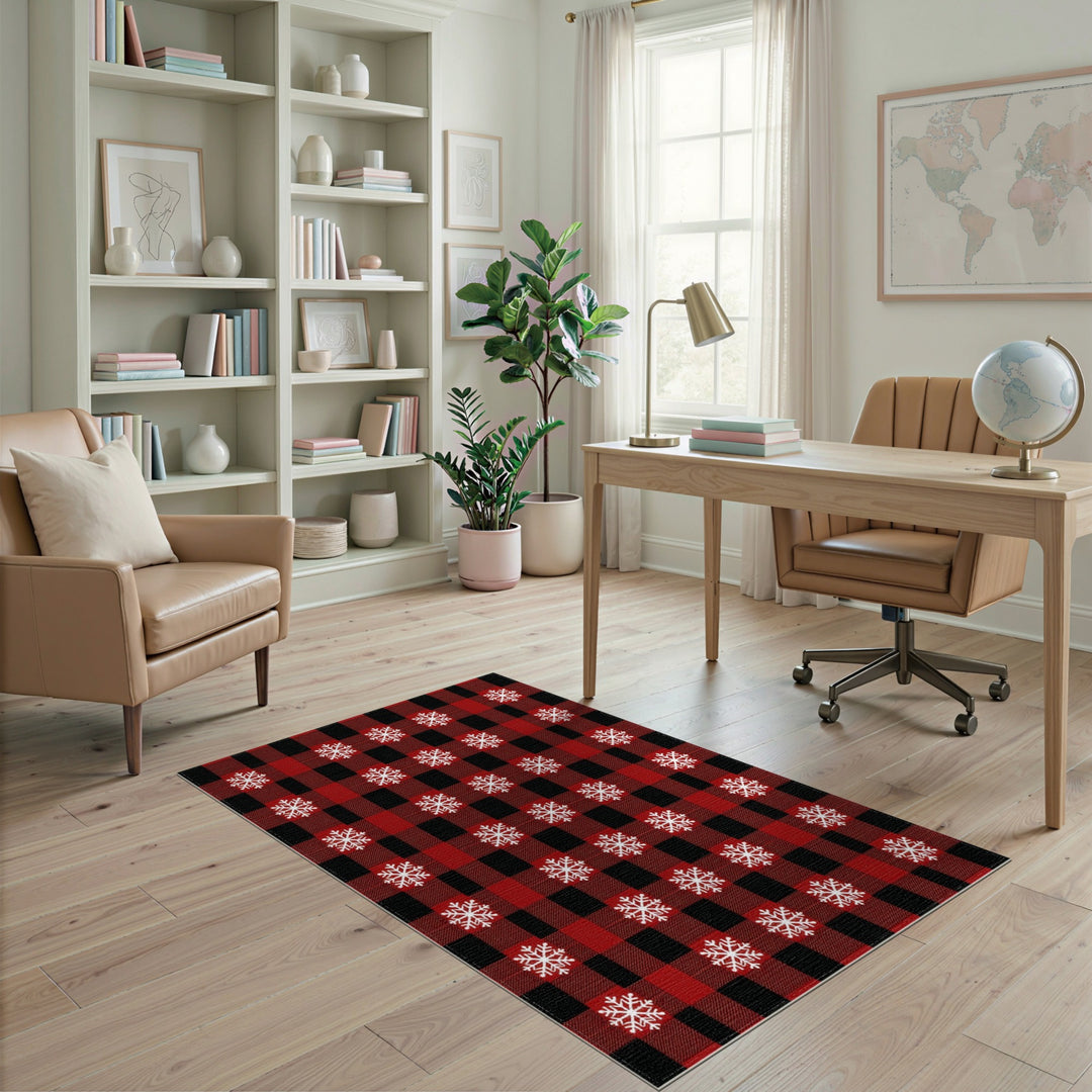 Rustic Farmhouse Red Buffalo Plaid Snowflake Area Rug