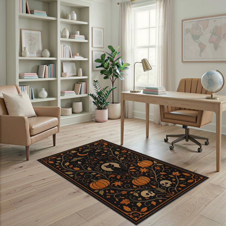 Orange Distressed Vintage Black Cat Pumpkin Halloween Area Rug