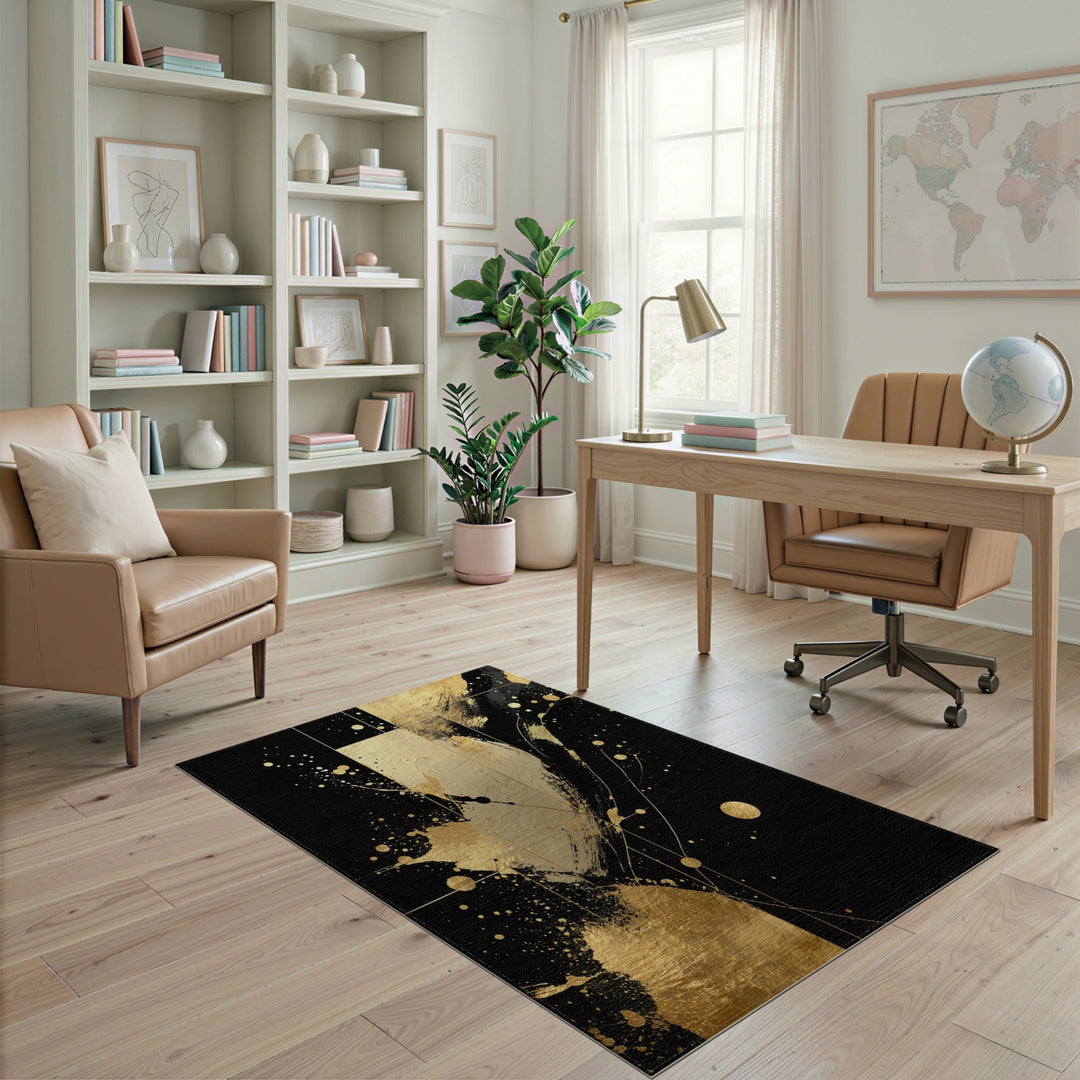 Black Gold Abstract Washable Area Rug