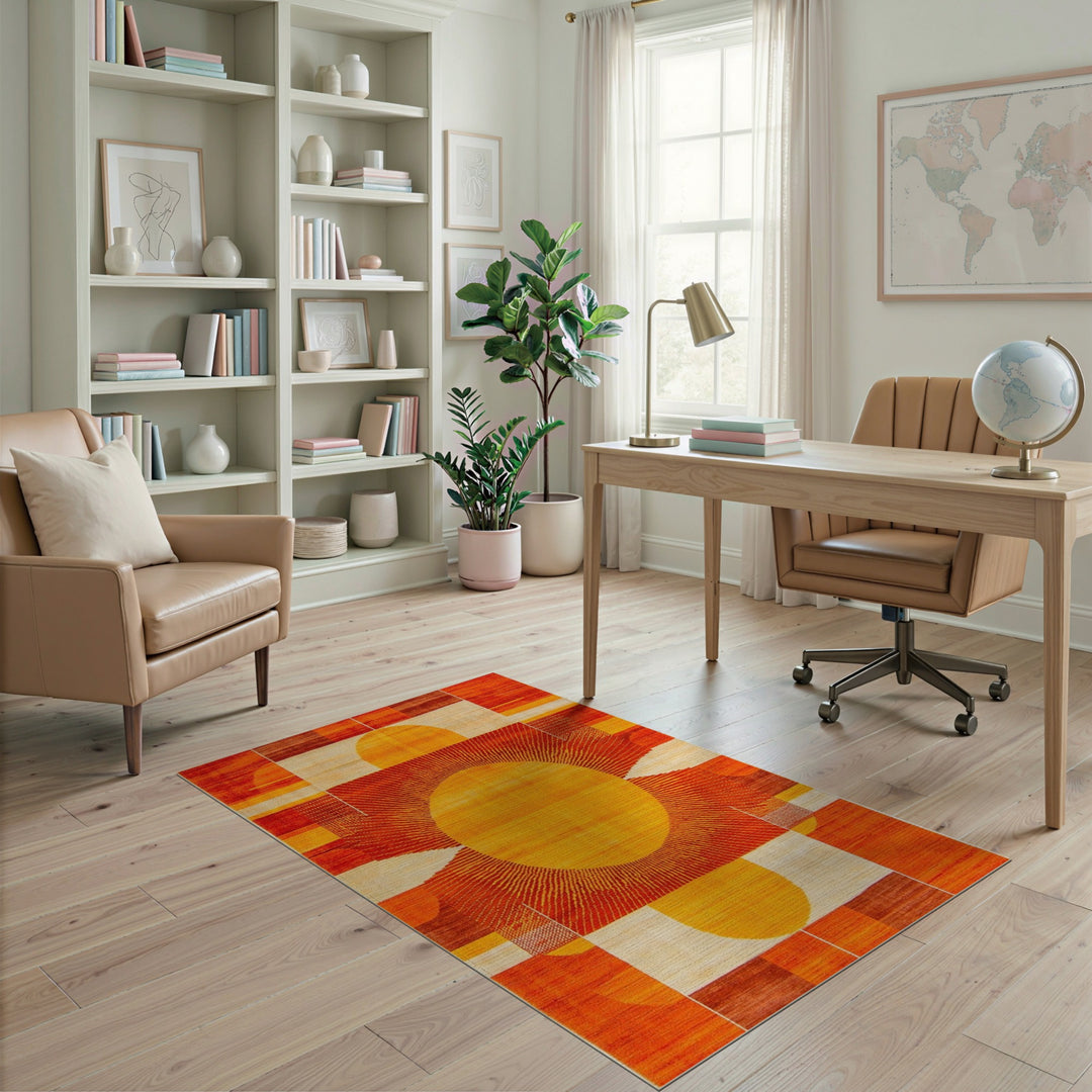 Orange Sunburst Geometric Modern Area Rug