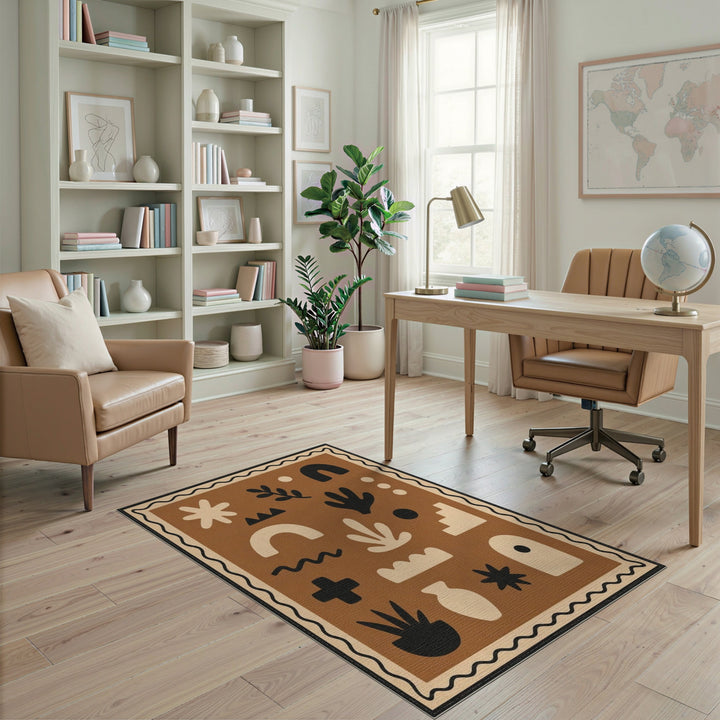 Abstract Brown Area Rug with Scalloped Border