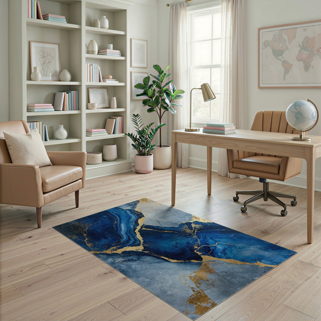 Blue Gold Abstract Marble Area Rug