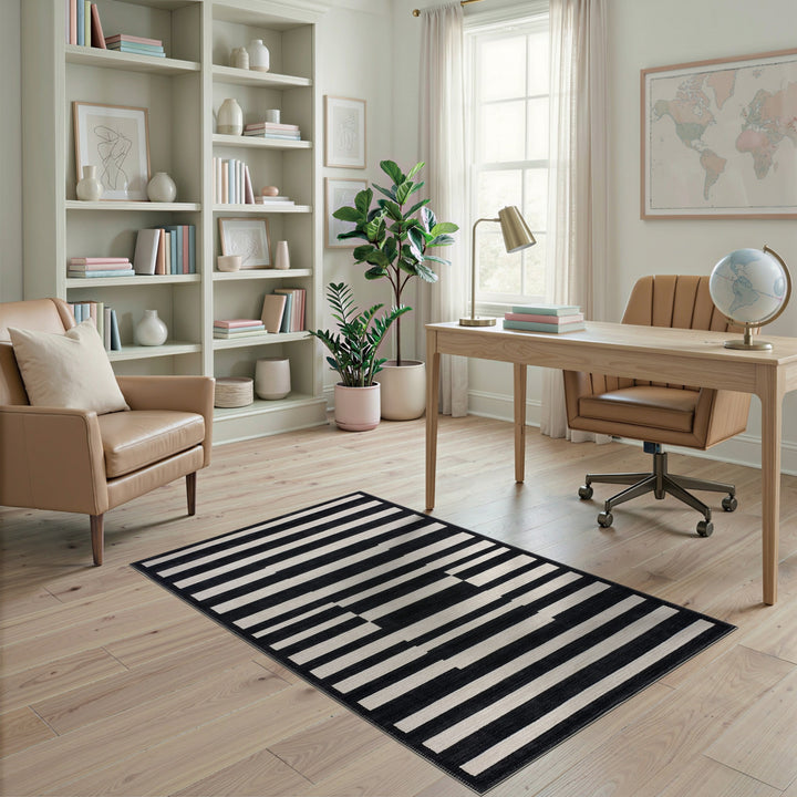 Black White Offset Stripe Geometric Area Rug