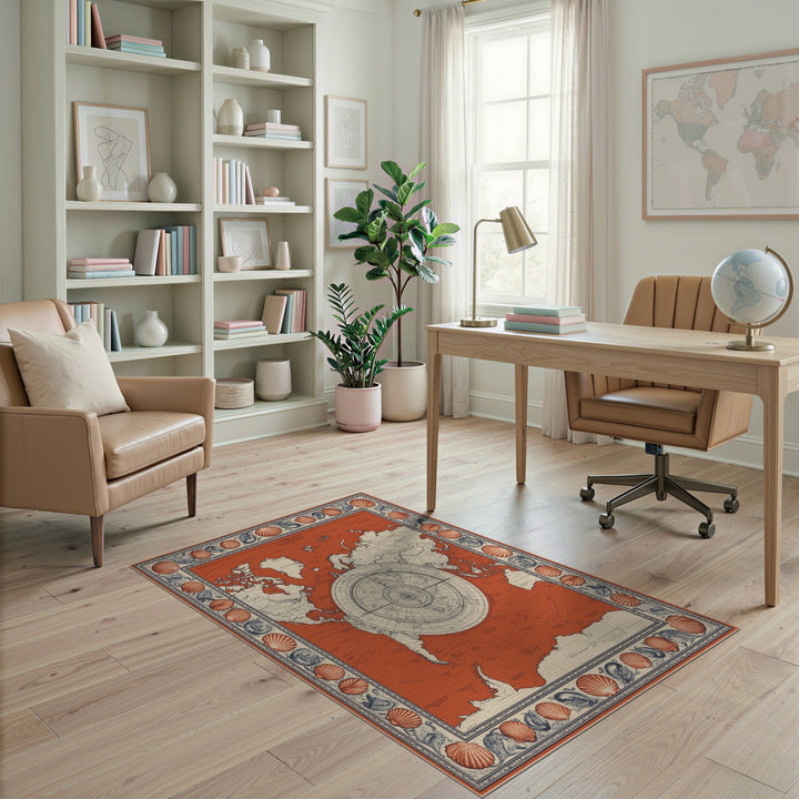 Vintage Red World Map Seashell Border Rug
