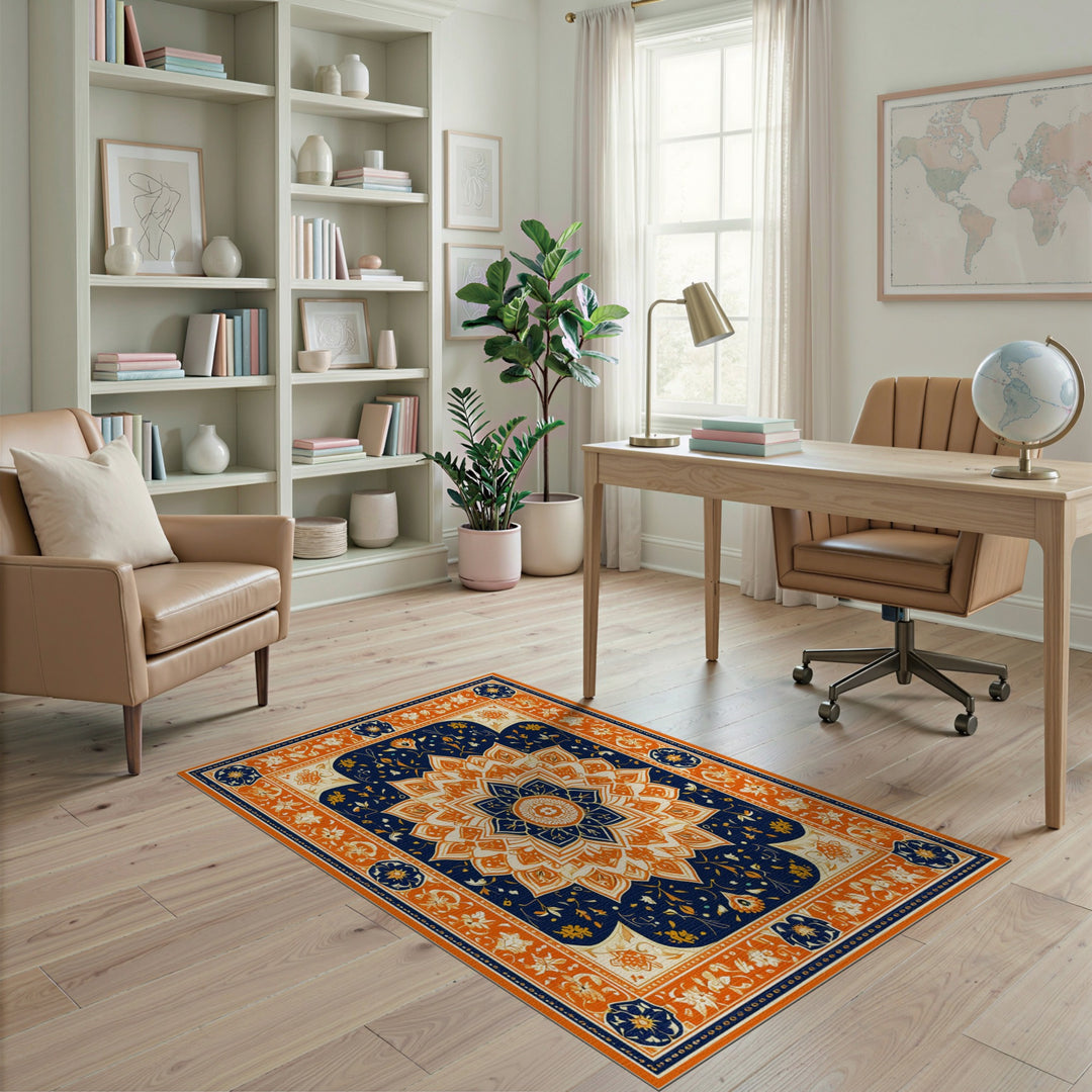 Orange Floral Mandala Navy Area Rug