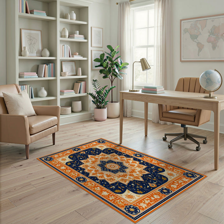 Orange Floral Mandala Navy Area Rug