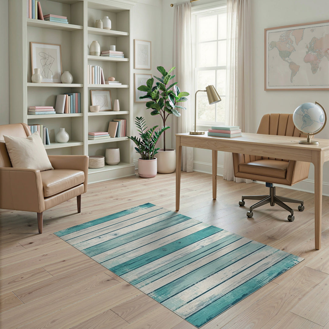 Distressed Teal Wood Plank Washable Area Rug