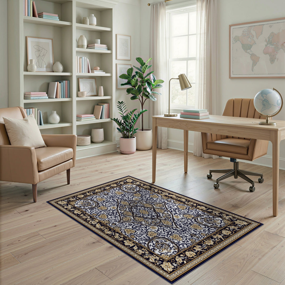 Black Gold Persian Floral Medallion Rug