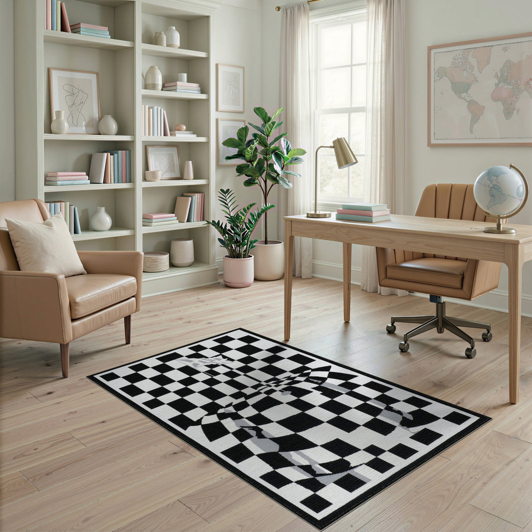 Black White Wavy Checkered Illusion Area Rug