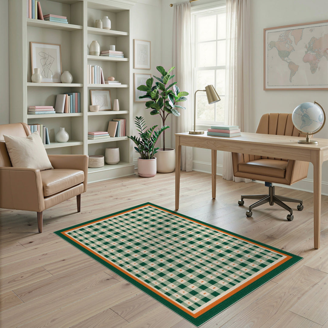 Green Gingham Checkered Area Rug with Orange Border