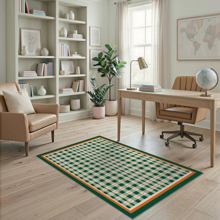 Green Gingham Checkered Area Rug with Orange Border