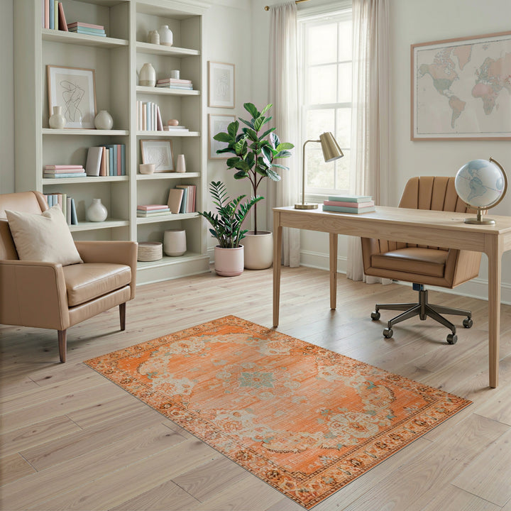 Orange Distressed Vintage Medallion Area Rug