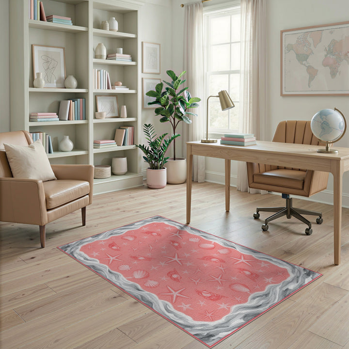 Pink Coastal Beach Pink Coastal Seashell Starfish Area Rug