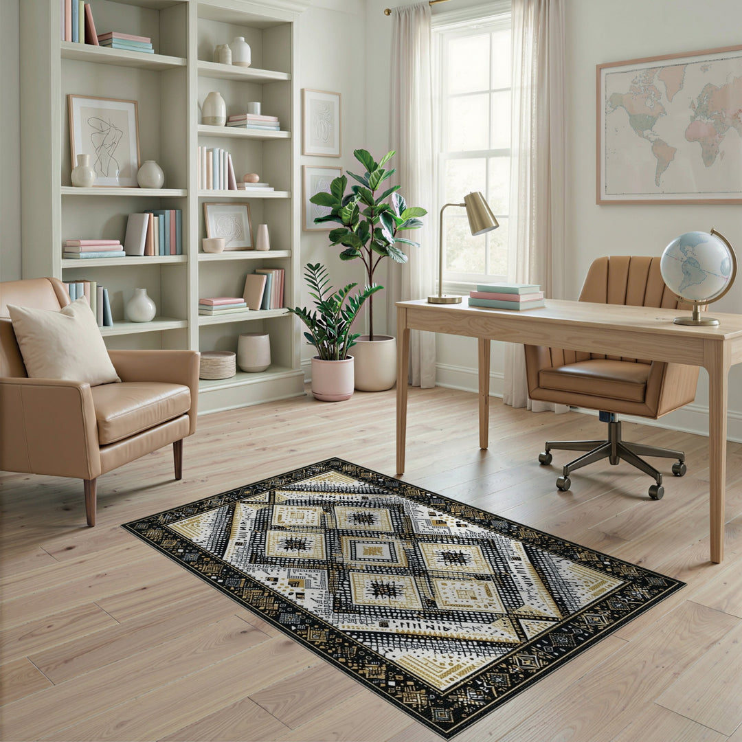 Black and White Black Gold Geometric Diamond Area Rug