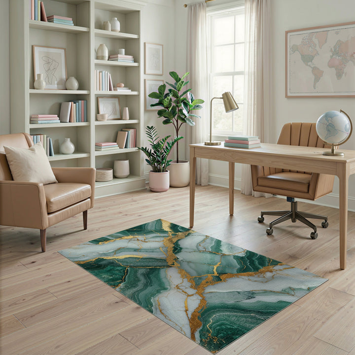 Green Abstract Area Green Marble Gold Vein Area Rug