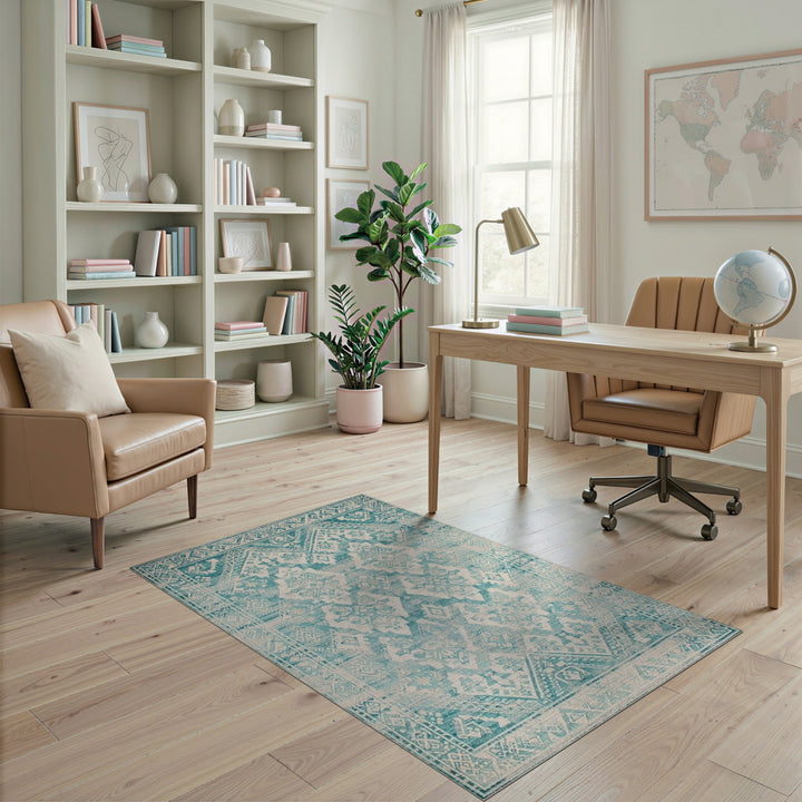 Teal Distressed Vintage Medallion Area Rug