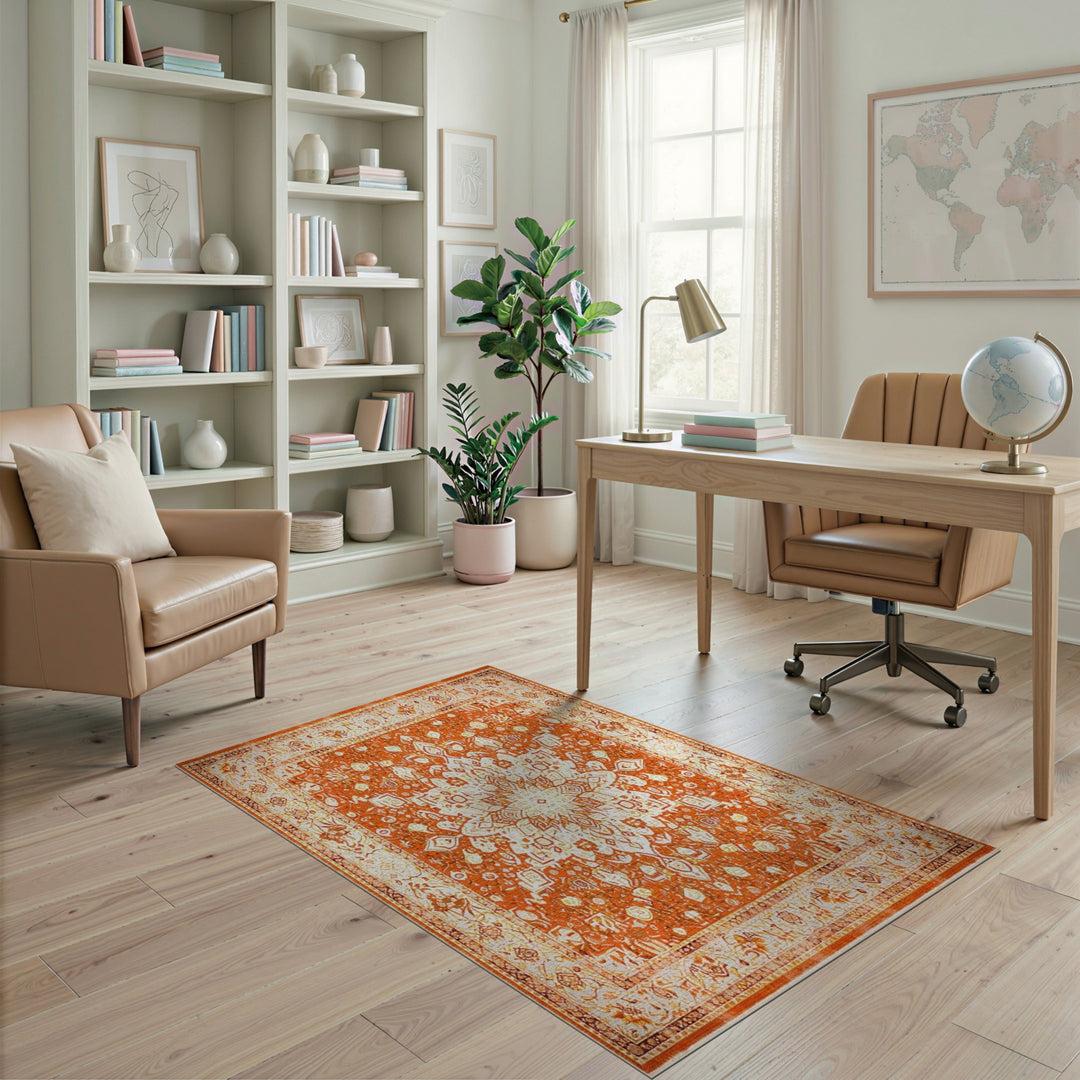 Orange Medallion Distressed Vintage Area Rug
