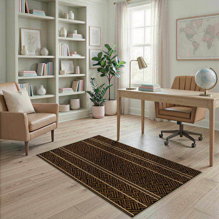 Black and Gold Geometric Maze Area Rug