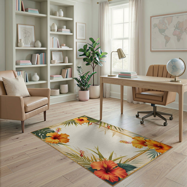 Orange Hibiscus Palm Border Area Rug