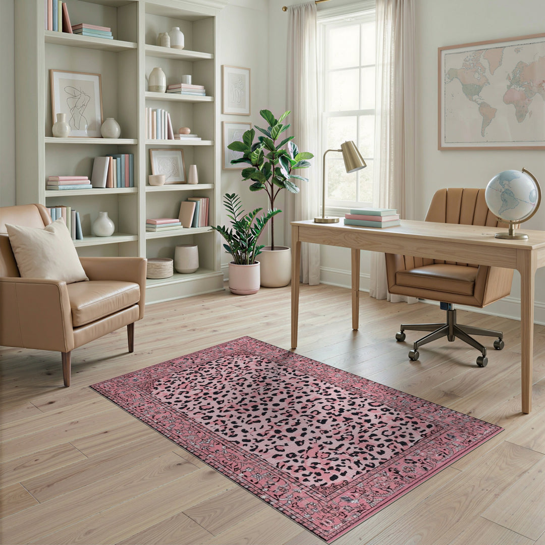 Pink Leopard Print Area Rug with Floral Border