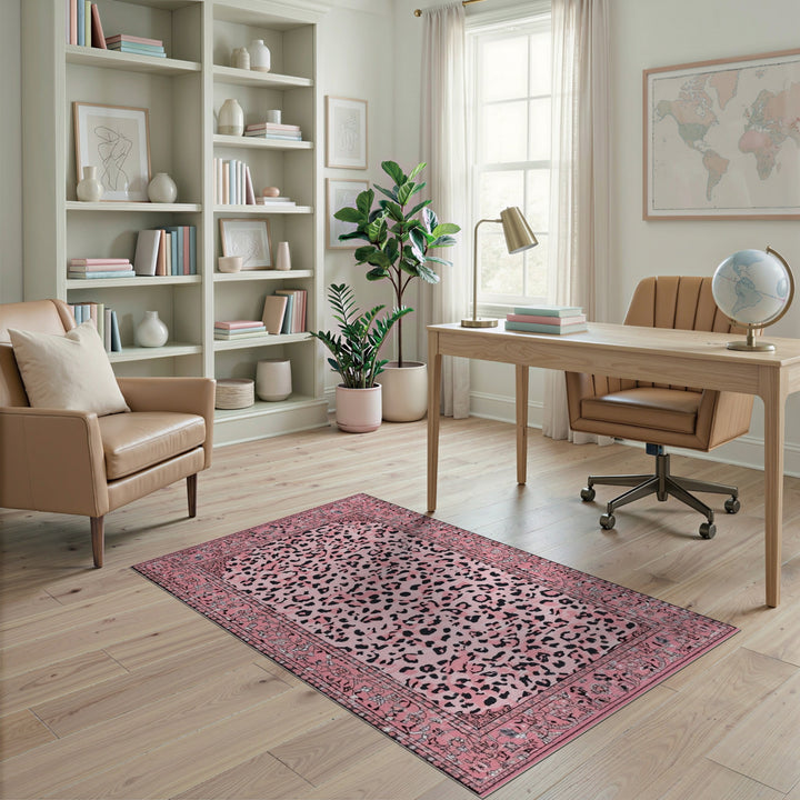 Pink Leopard Print Area Rug with Floral Border