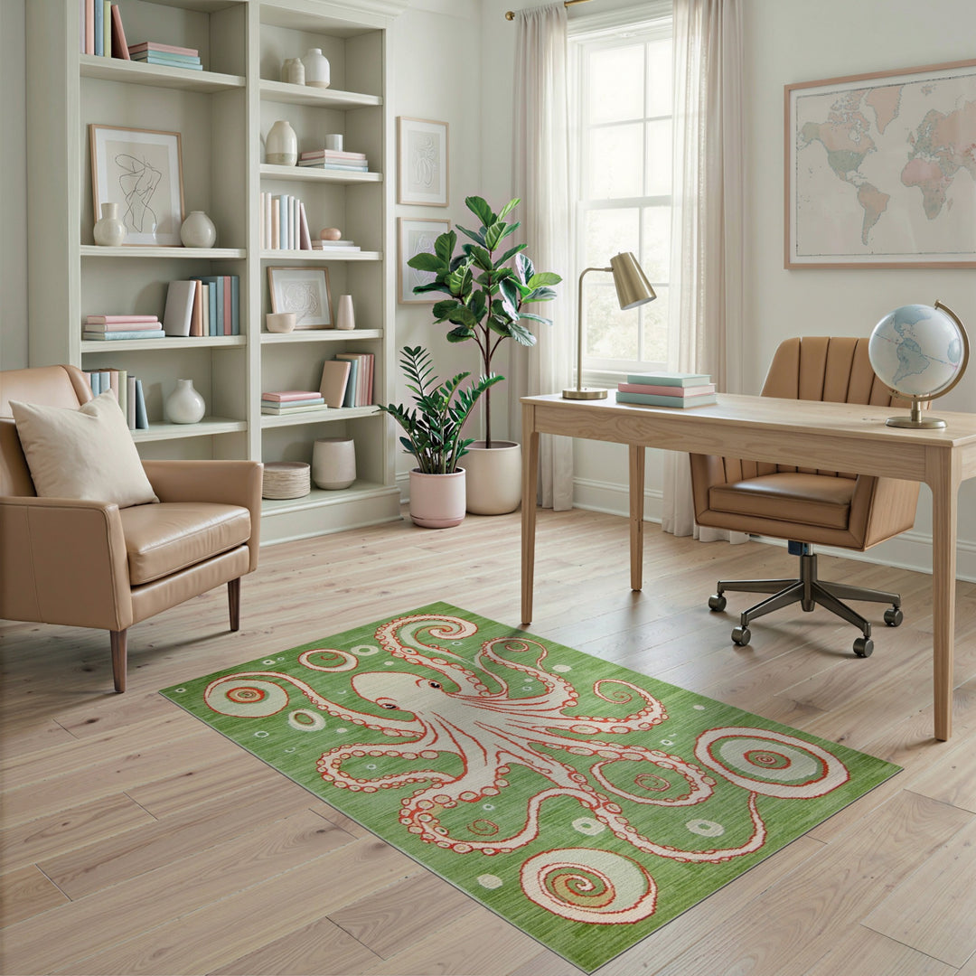 Green Octopus Swirl Washable Area Rug