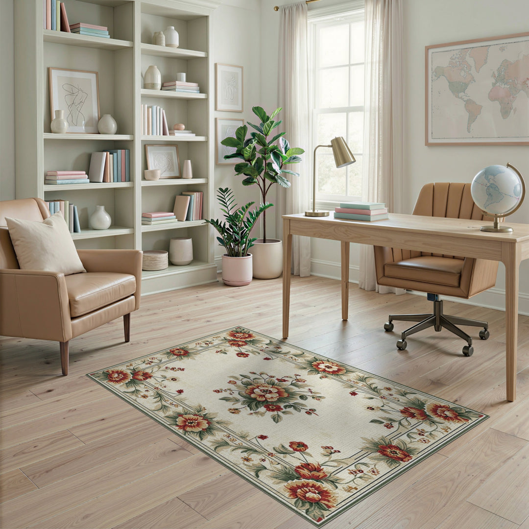 Vintage Floral Beige Area Rug with Red Peonies