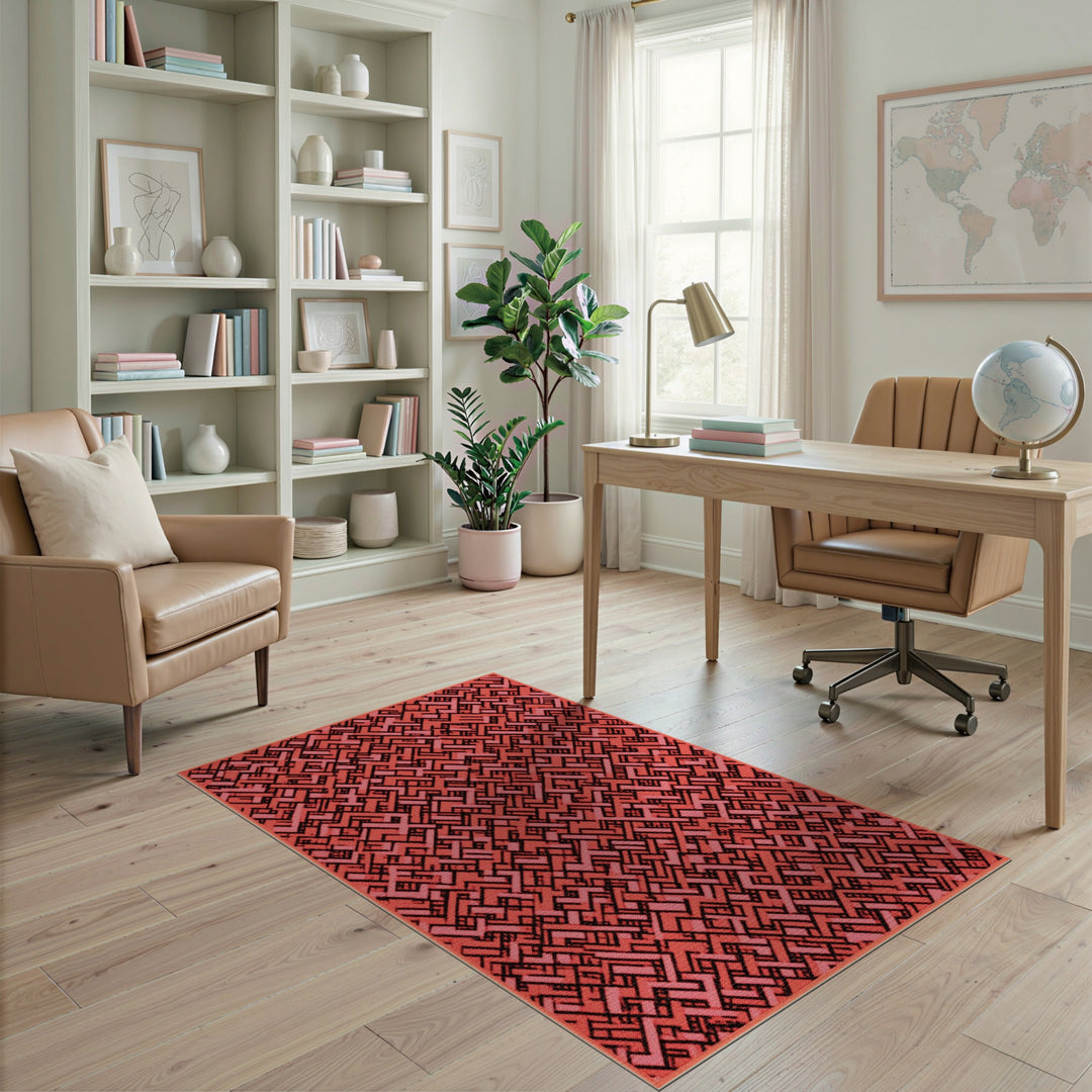 Maze Red Geometric Maze Area Rug