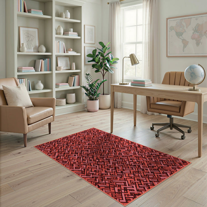 Maze Red Geometric Maze Area Rug