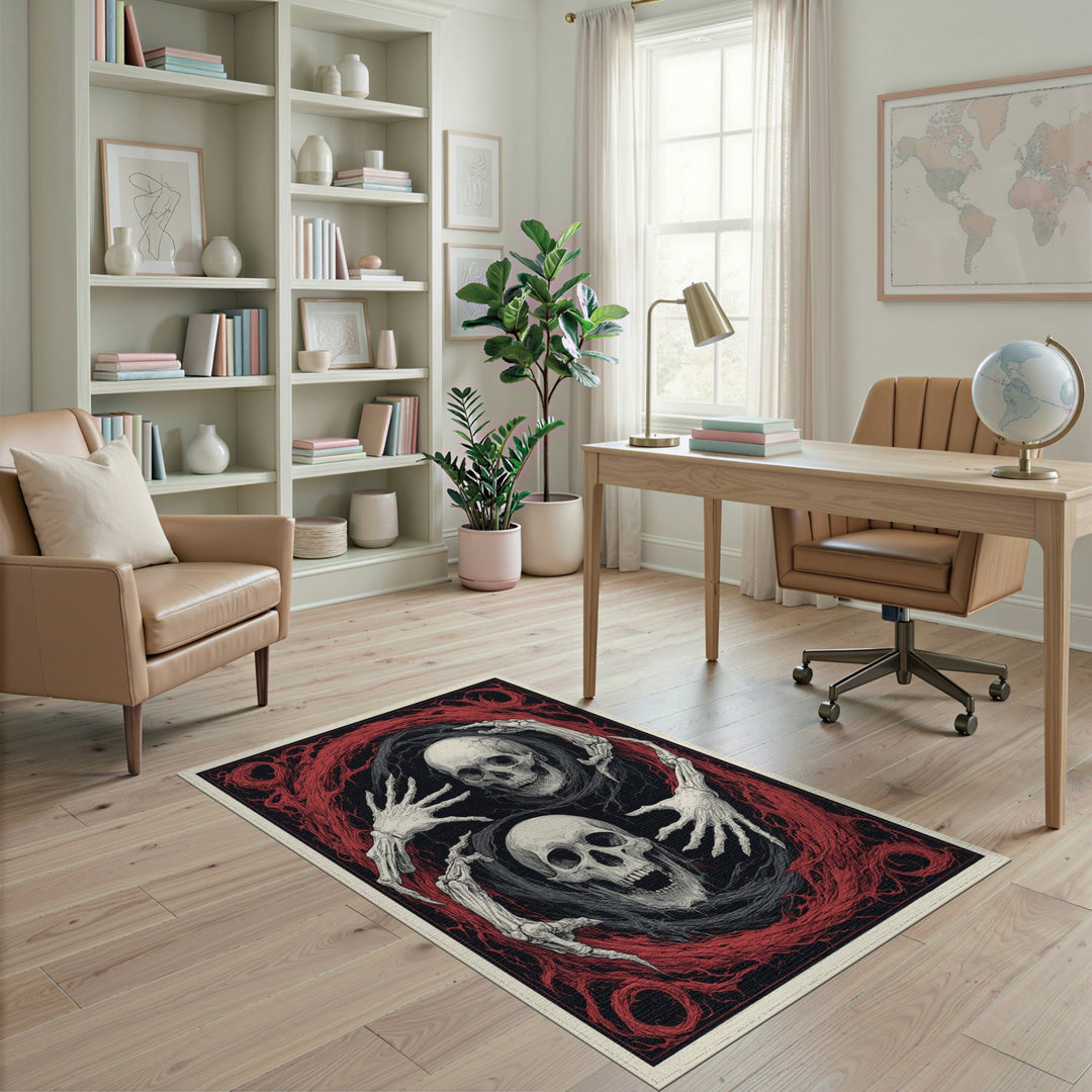 Gothic Skull Hands Red Swirl Rug