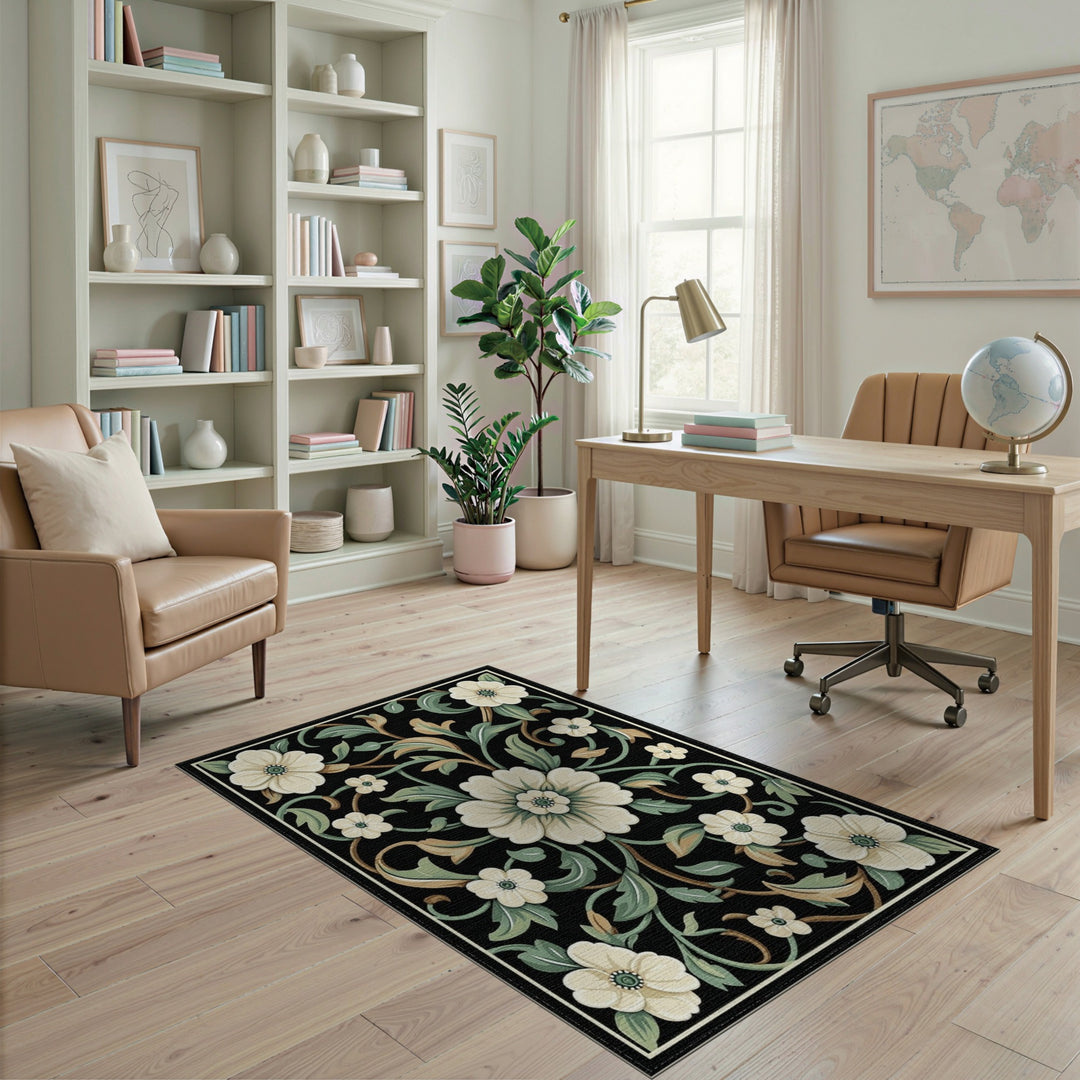 Black White Floral Vintage Area Rug